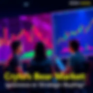 Crypto Investment Debate Group of people discussing cryptocurrency investment strategies during a bear market, with charts and graphs in the background