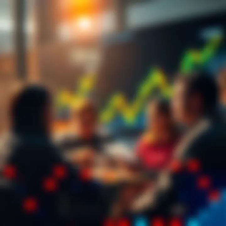 Group of people discussing cryptocurrency investments with charts and graphs in the background