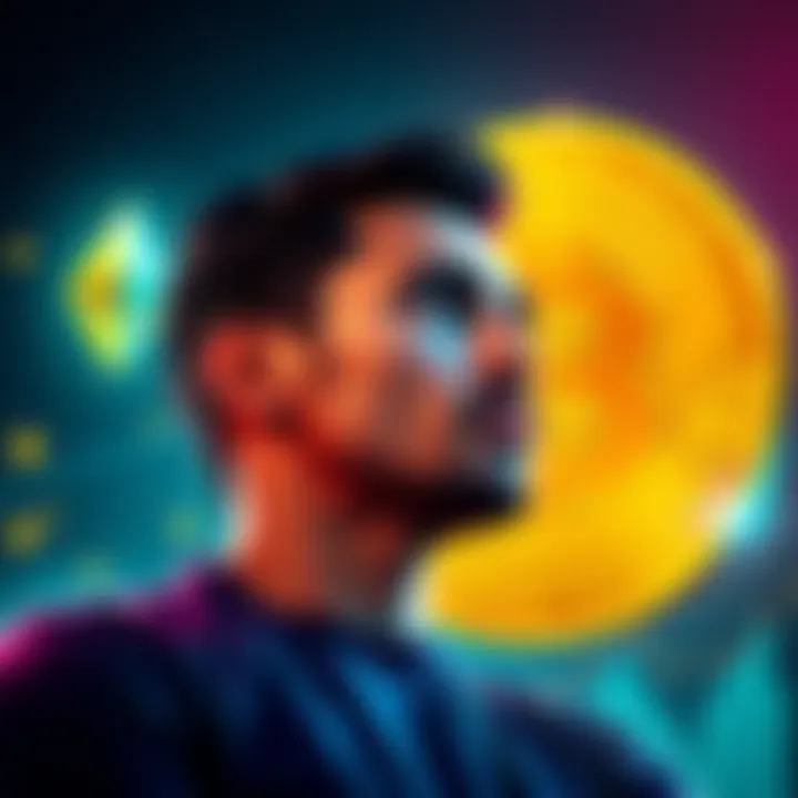 Person considering a loan for cryptocurrency investments, with Ethereum and Bitcoin symbols in the background.