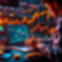 A person analyzing cryptocurrency charts and graphs on a laptop, surrounded by digital coins and financial data.