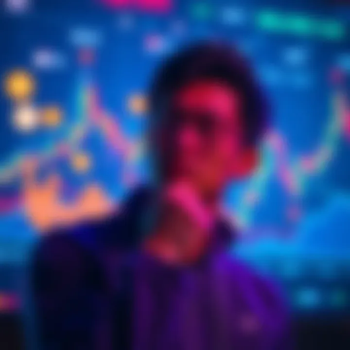 A thoughtful investor analyzing cryptocurrency trends with graphs and charts in the background.