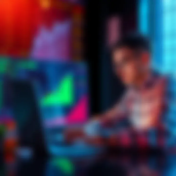 Crypto Investment Strategy Overview A graph showing potential growth of Chainlink, HBAR, and XRP with a man analyzing data on a laptop