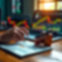 Individual writing down a strategy for cryptocurrency investment on a notepad with a laptop open and market charts visible in the background