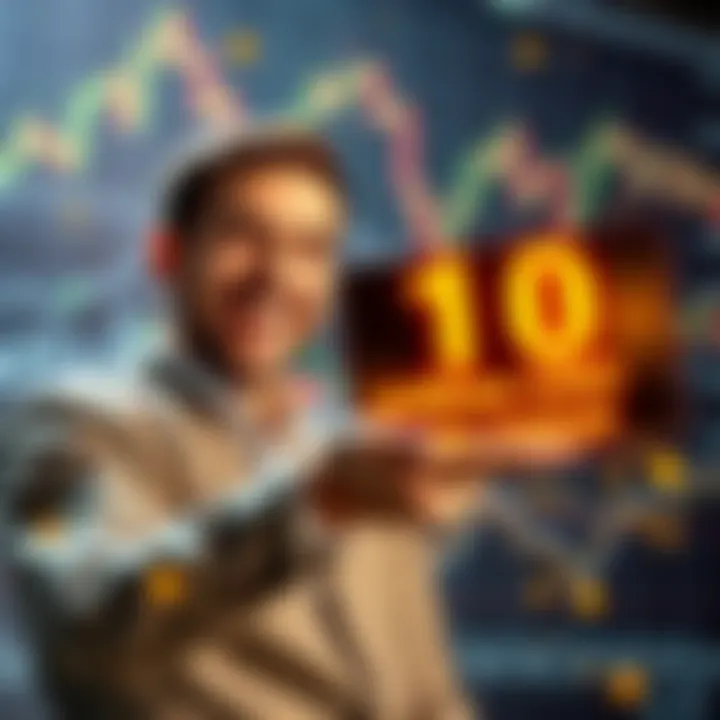 Crypto Investor Celebrating Milestone An enthusiastic investor holding a digital token display celebrating 1 million CRO tokens, with a backdrop of financial charts and cryptocurrency symbols.