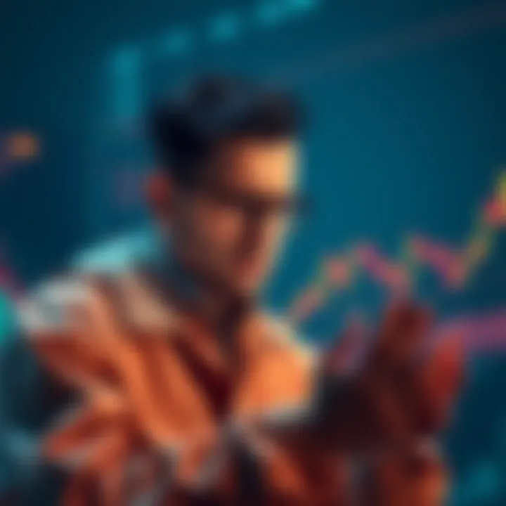 A confused crypto investor looking at Bitcoin charts, unsure about the difference between Bitcoin and satoshis, with graphs showing a downward trend.