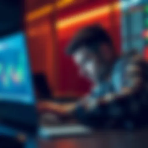 A worried crypto investor gazes at fluctuating market charts on a laptop, showing significant losses. The scene captures the emotional weight of investing in cryptocurrencies.