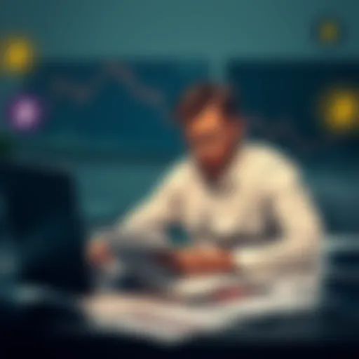 A worried crypto investor sitting at a desk, surrounded by paperwork and a laptop, trying to find transaction details for tax filing, with a background showing graphs and digital currency logos.