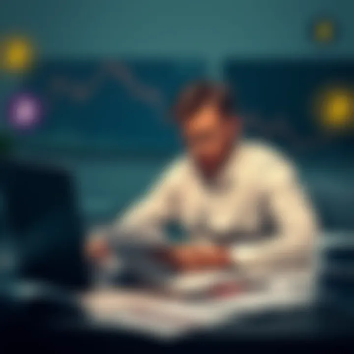 A worried crypto investor sitting at a desk, surrounded by paperwork and a laptop, trying to find transaction details for tax filing, with a background showing graphs and digital currency logos.