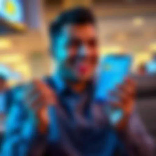 An investor with a big smile holding a smartphone showing cryptocurrency values, symbolizing financial success after years of holding.