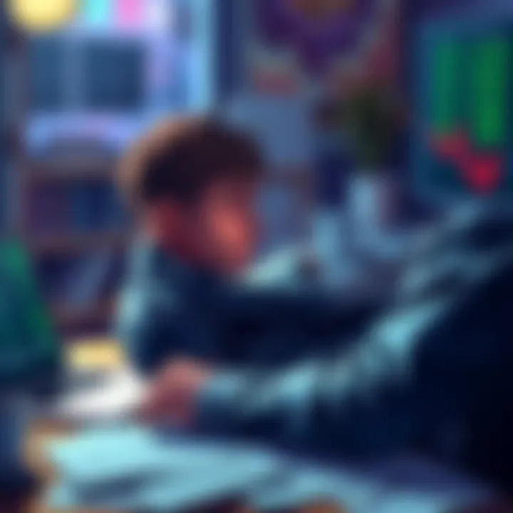 A sad crypto investor looking at declining charts and holding their head in their hand, surrounded by papers and a laptop showing financial data.