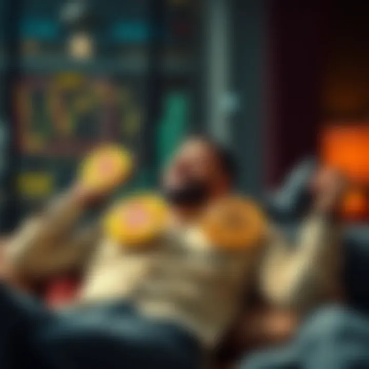 Crypto Investor with Simple Strategy A happy crypto investor relaxing while holding Bitcoin and Ethereum symbols, symbolizing a stress-free investment approach.