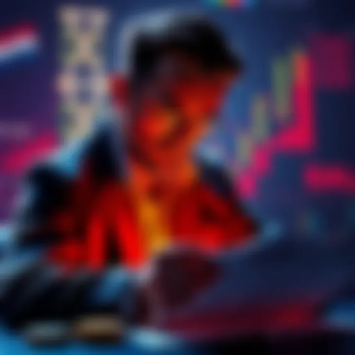 A distressed investor looking at falling cryptocurrency values with tax documents nearby, representing financial struggle due to new tax laws in the Netherlands.