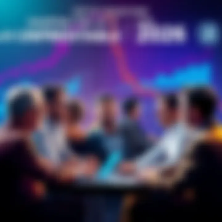 A group of diverse crypto investors discussing market trends and strategies for 2026, with charts and digital currency visuals around them.