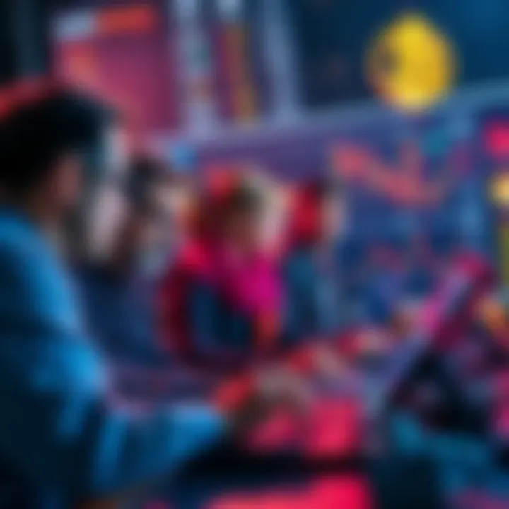 A group of crypto investors reviewing charts and data on laptops, focused on market trends, with digital currency symbols in the background.