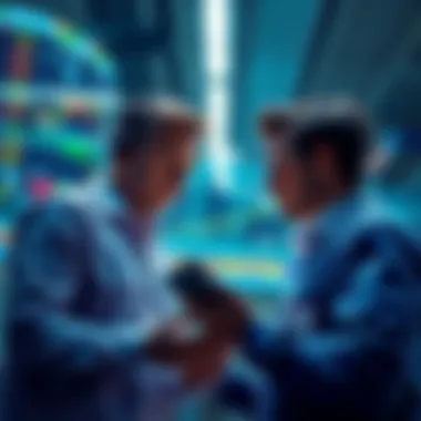 Investors in a market setting examining cryptocurrency charts, showcasing determination after a market dip.