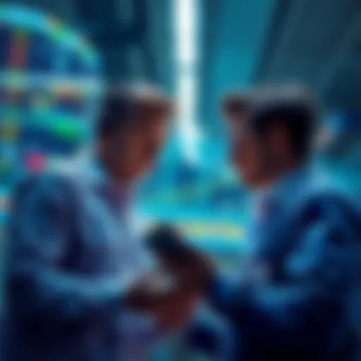 Investors in a market setting examining cryptocurrency charts, showcasing determination after a market dip.
