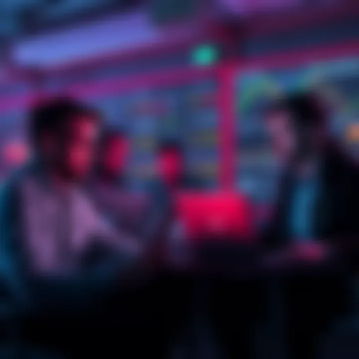 A group of worried investors analyzing cryptocurrency price charts on laptops, showing signs of regret and concern over missed selling opportunities