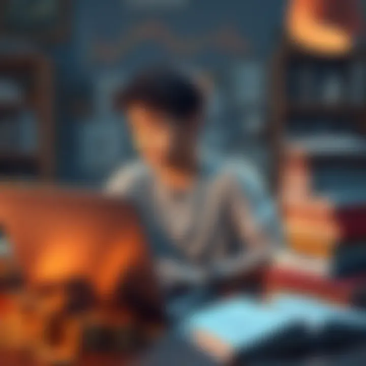 A young student looks at a laptop with crypto charts and notes, pondering investment decisions, surrounded by coins and financial books.