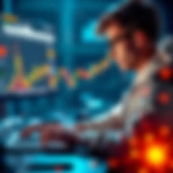A computer science student studying cryptocurrency with a laptop and digital charts