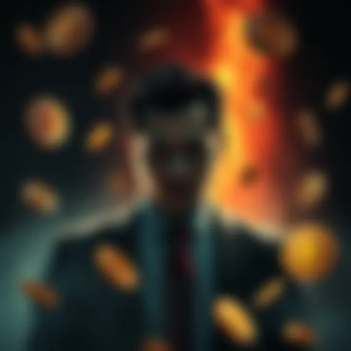 Cryptocurrency and Kidnapping: The Dark Side of Business A businessman in distress, surrounded by cryptocurrency symbols and shadows of danger.