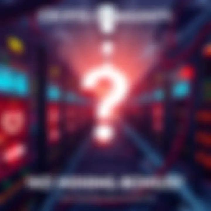 Illustration of a crypto mining farm with a question mark overlay, symbolizing uncertainty in the crypto world