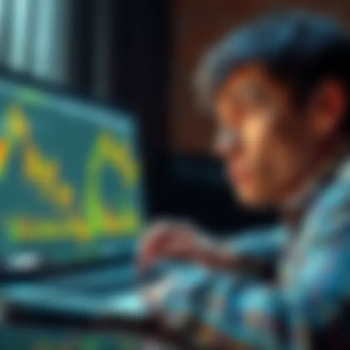 A person looking worried while staring at a laptop screen displaying a falling cryptocurrency chart, symbolizing financial loss and stress in the crypto market.