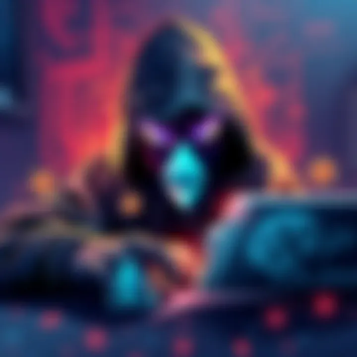 An illustration depicting a digital thief stealing cryptocurrency from wallets, focusing on Ethereum, XRP, and Solana logos.