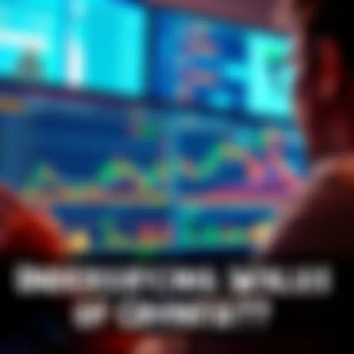 Individual looking at cryptocurrency charts on a computer screen with graphs and digital currency icons visible