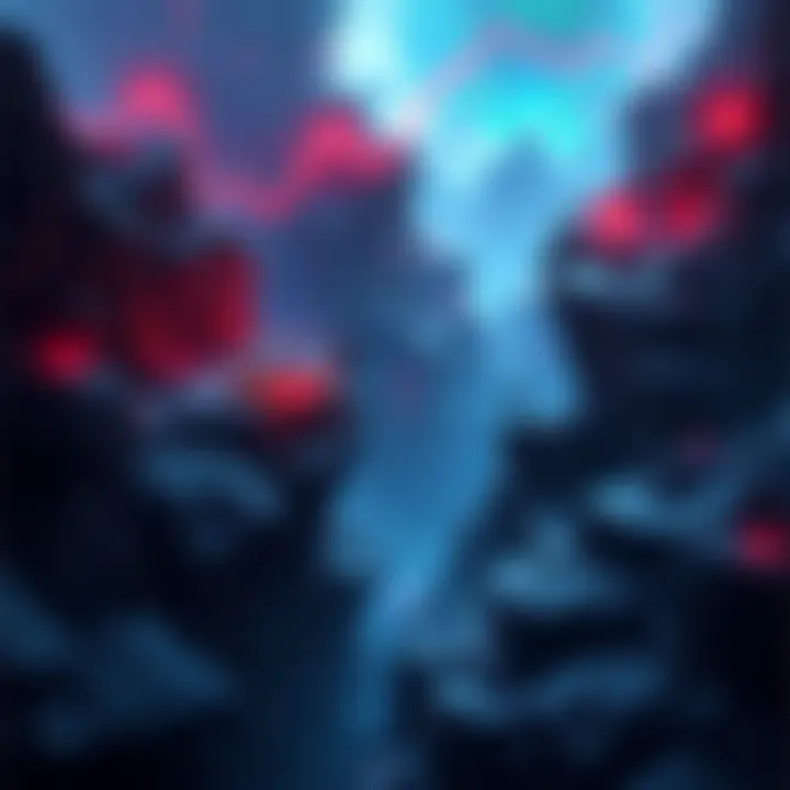 A metaphorical representation of the cryptocurrency market bottoming out, showcasing a digital landscape with fluctuating graphs and distressed investors.