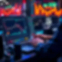 A trader analyzes cryptocurrency charts on a laptop, with fluctuating graphs and market data visible on the screen.