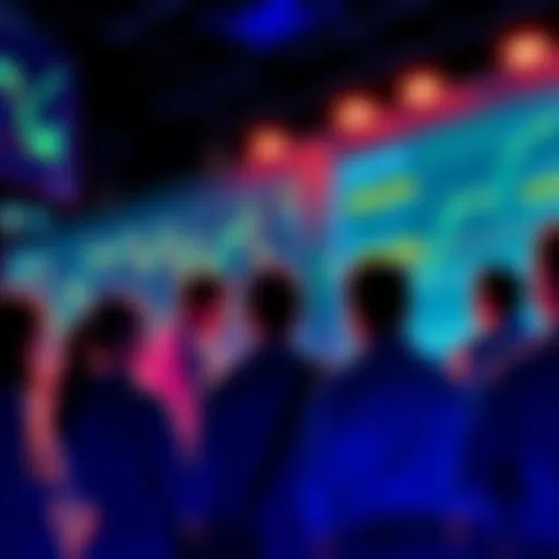 A group of people discussing cryptocurrency trends with digital graphs showing price fluctuations on screens around them.