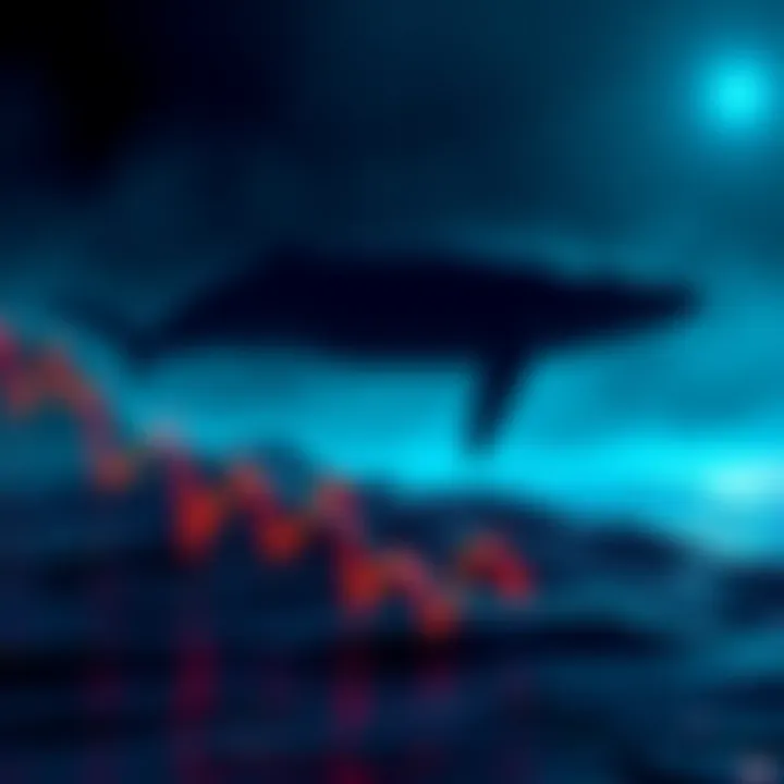 A graph showing a downward trend in cryptocurrency prices with a silhouette of a whale in the background to represent large investors.