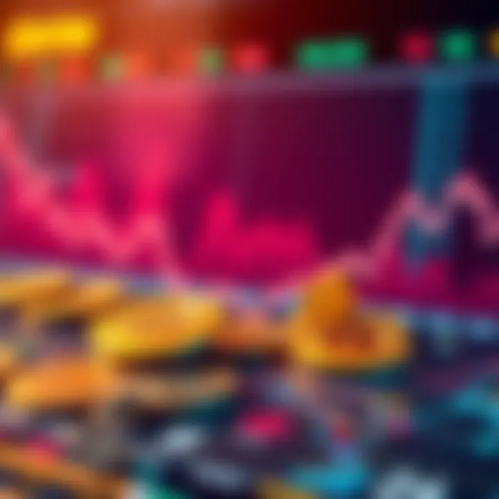A graphic showing a downward trend in cryptocurrency values with coins and a line graph