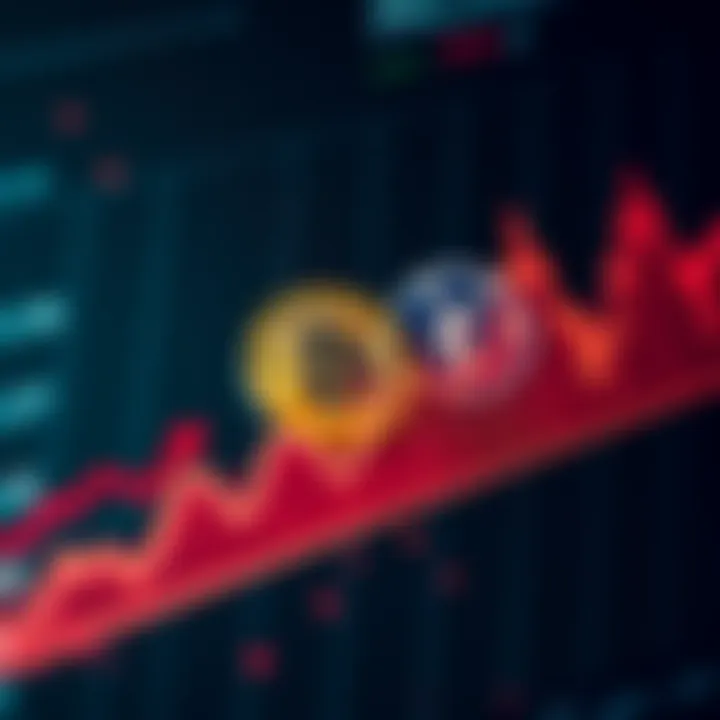 A graph showing a decline in cryptocurrency values with bitcoin and tether logos, representing the turmoil in the crypto industry.