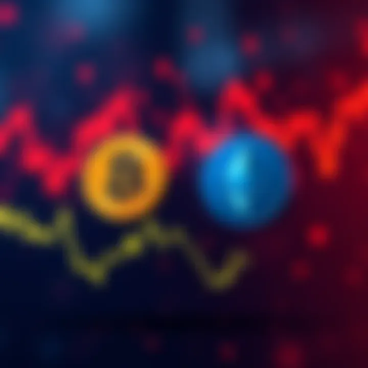 A graphic showing a downward trend in cryptocurrency prices, with Bitcoin and Ethereum logos and a background symbolizing market fear.