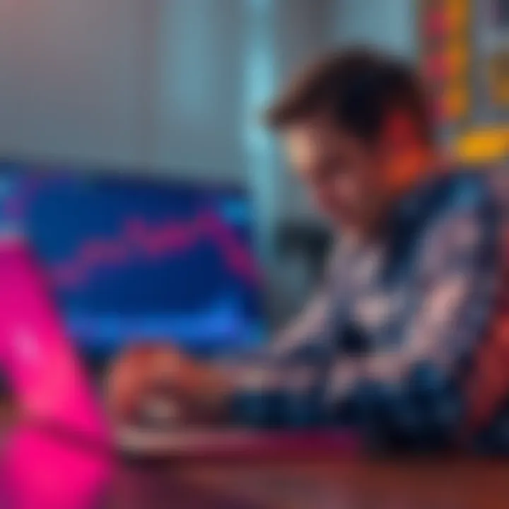 A worried investor looking at a falling cryptocurrency chart on a laptop, representing fear and uncertainty in the crypto market.