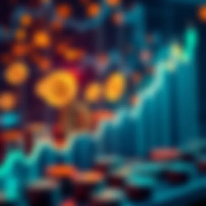 A graph showing rising cryptocurrency values with digital coins in the background.