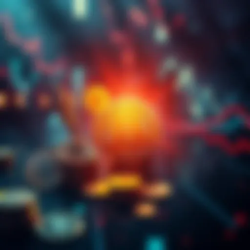 A visual representation of a declining cryptocurrency market with symbols of Bitcoin and altcoins, overlaid with images of inflation signs and war themes, illustrating current global economic challeng...