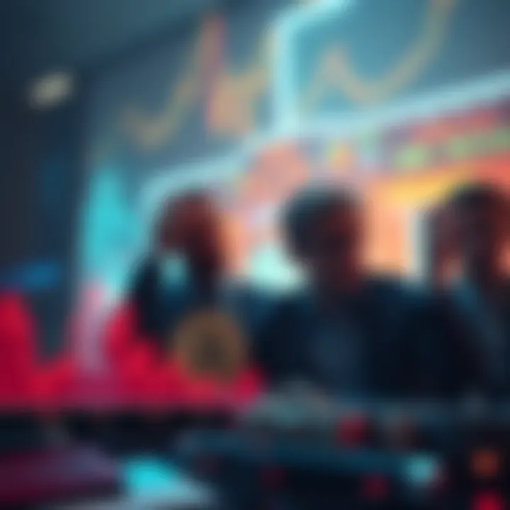 Graph showing decline in Bitcoin and Ethereum prices with worried investors in the background