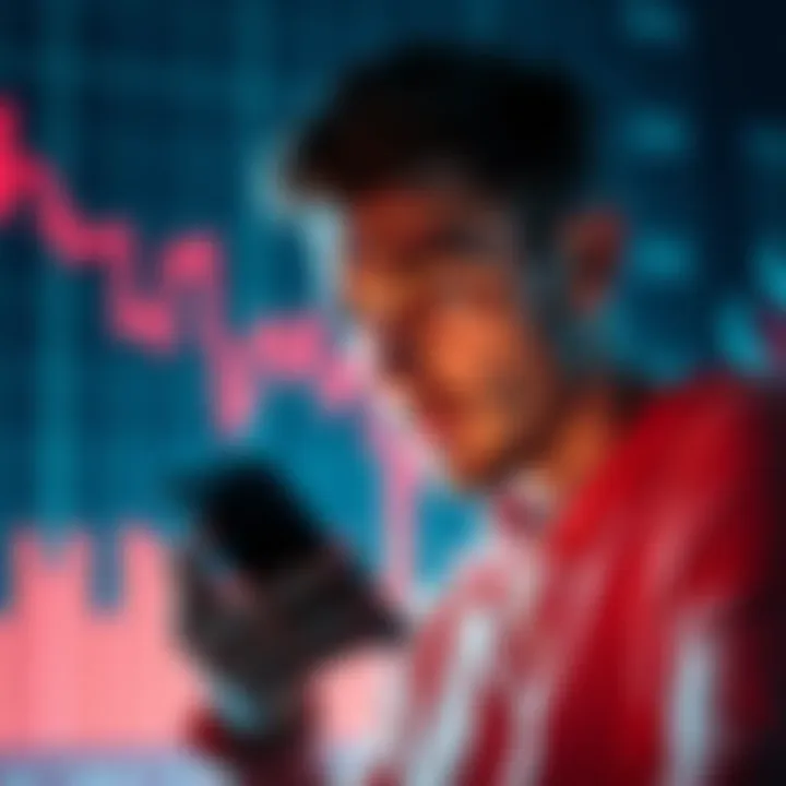 A person looking worried while checking cryptocurrency prices on a smartphone, with a graph showing a downward trend in the background.