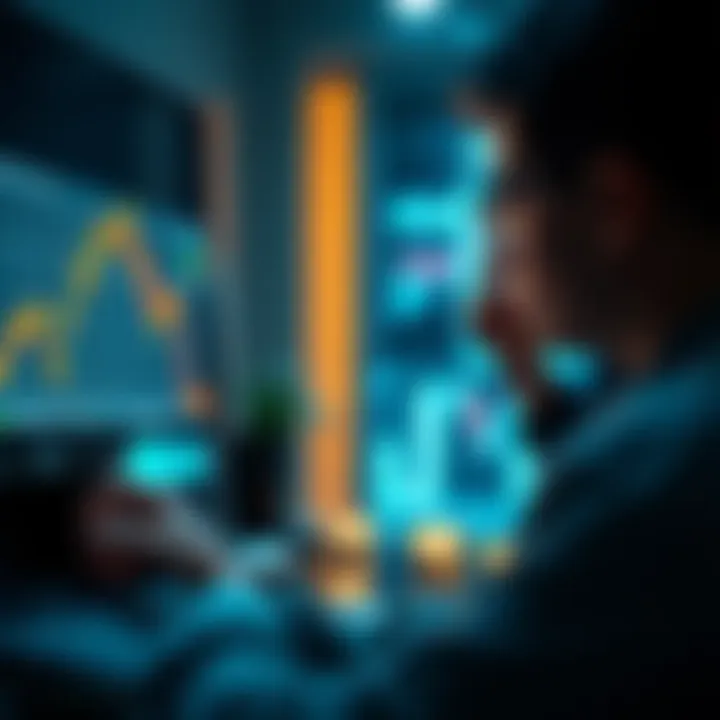 A person looking at a digital cryptocurrency chart showing declining trends on a computer screen, expressing concern.
