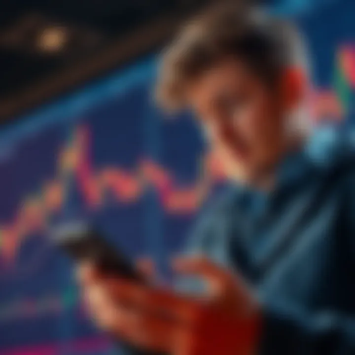 An investor looking worried while checking cryptocurrency prices on a smartphone, with a stock market chart in the background showing rising stocks and flat crypto performance.