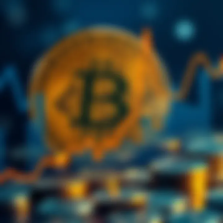 A downward trend graph representing Bitcoin's recent decline with a dollar sign and coins in the background.