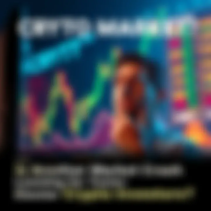 A graph showing fluctuating cryptocurrency prices with a worried investor looking at the screen