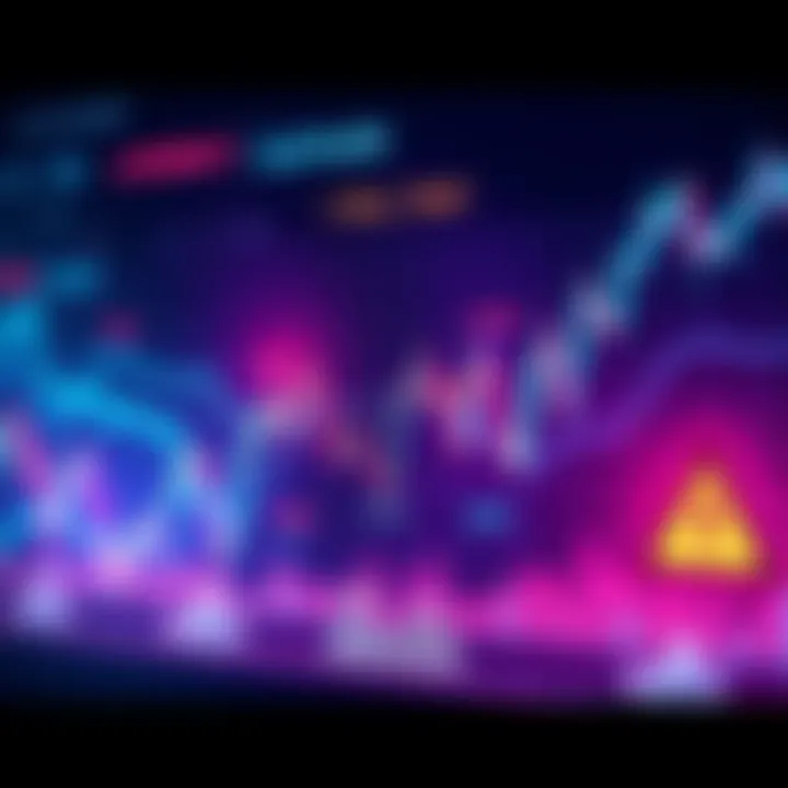 A digital graph showing fluctuating cryptocurrency prices with a bearish trend and warning signs