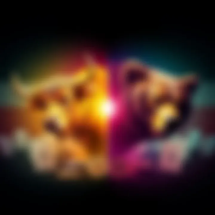 A split image showing a bullish bull and a bearish bear in front of a backdrop of voting ballots and cryptocurrency symbols. One side is bright and optimistic, while the other is dark and uncertain.