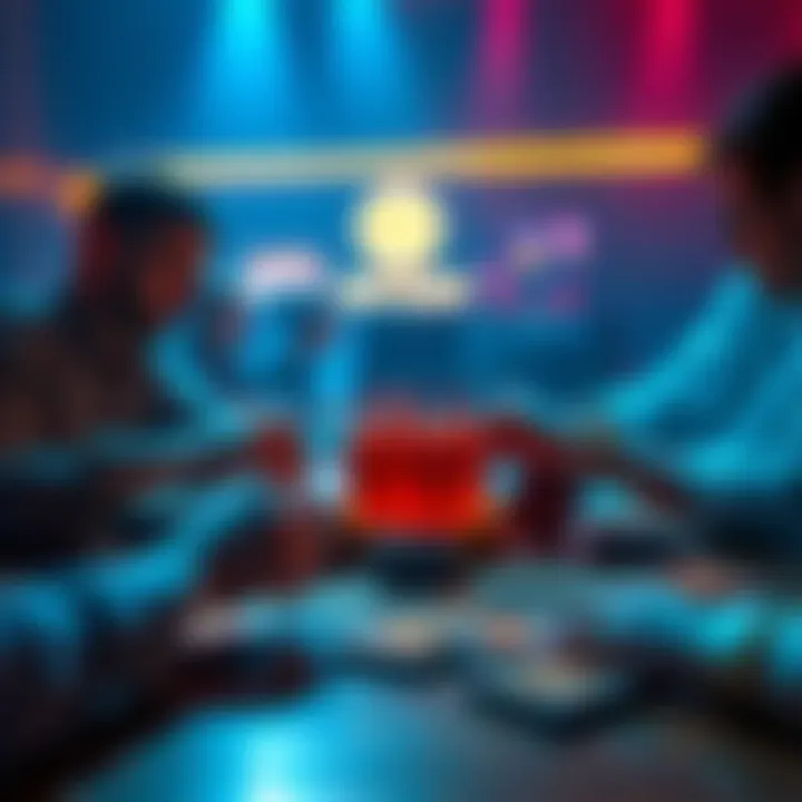 A colorful card game setup with cryptocurrency-themed cards on a table, players engaging and strategizing their moves.