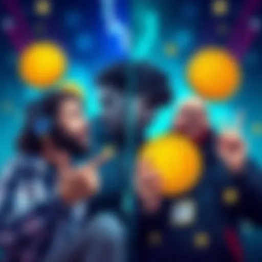 A split image showing two groups in the cryptocurrency community. On one side, bag-pumpers discussing profits with charts, and on the other side, true believers holding Bitcoin symbols with a hopeful ...