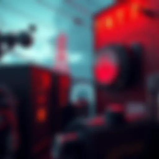 A scene showing crypto mining equipment with power lines in the background and a large electricity meter indicating high usage.