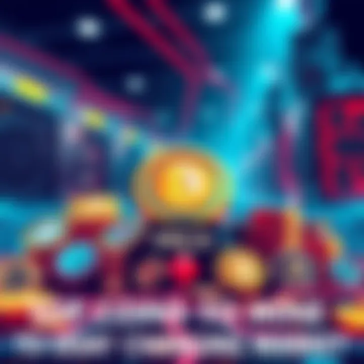 An illustration showcasing various cryptocurrencies, with a focus on VECO, set against a backdrop of futuristic mining rigs